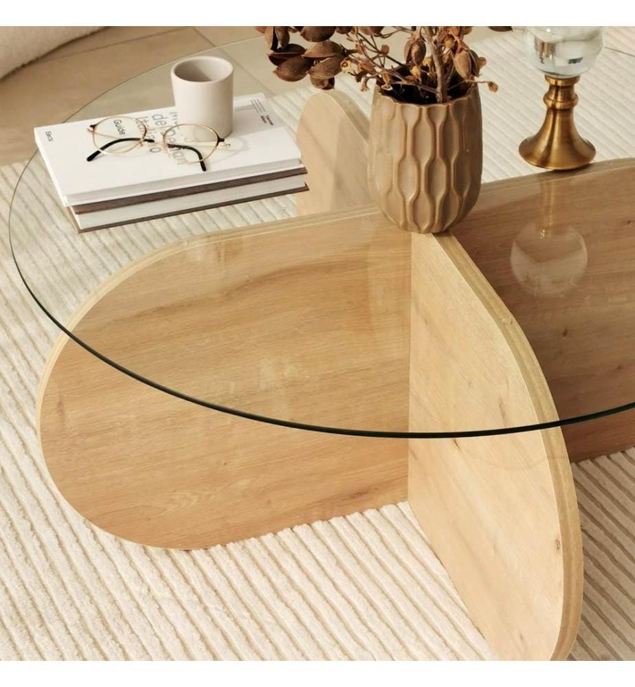 Table basse, chêne saphir, verre trempé , châssis : Panneau de particules mélaminé