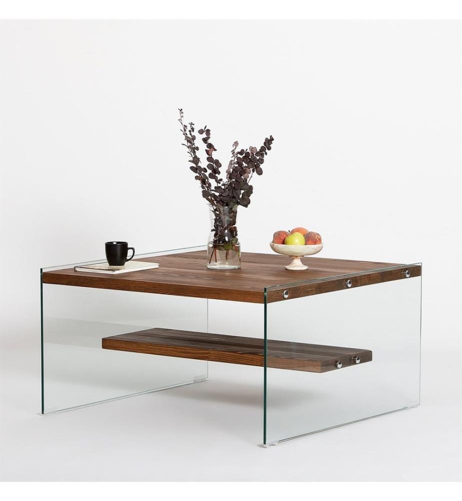 Table basse, naturel, verre trempé, châssis : Bois massif