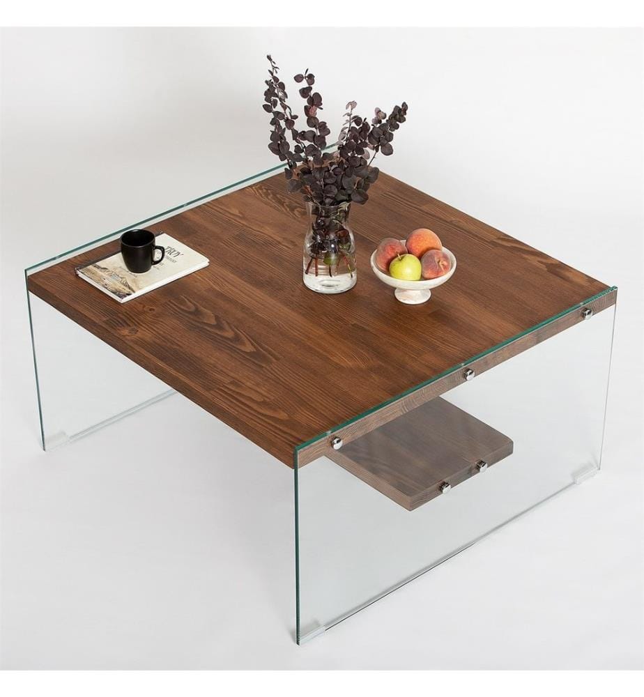 Table basse, naturel, verre trempé, châssis : Bois massif
