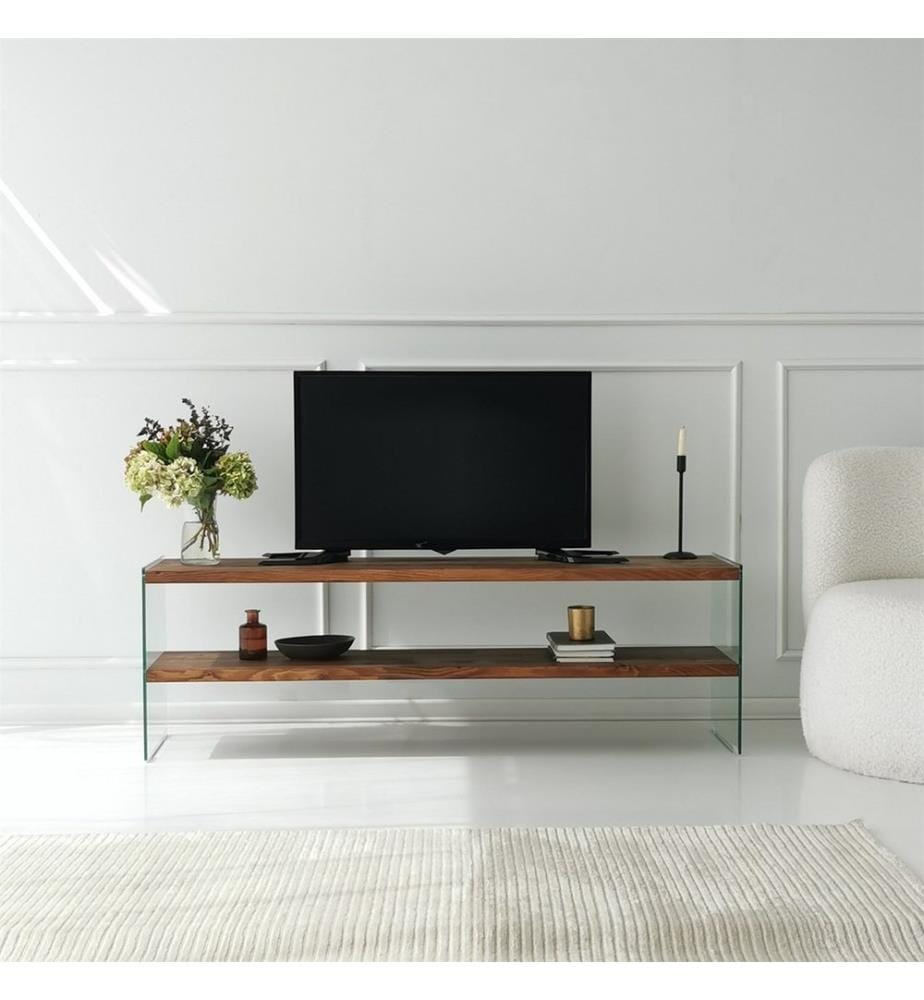 Porta TV, Naturale, Vetro temperato, Struttura: Legno massiccio