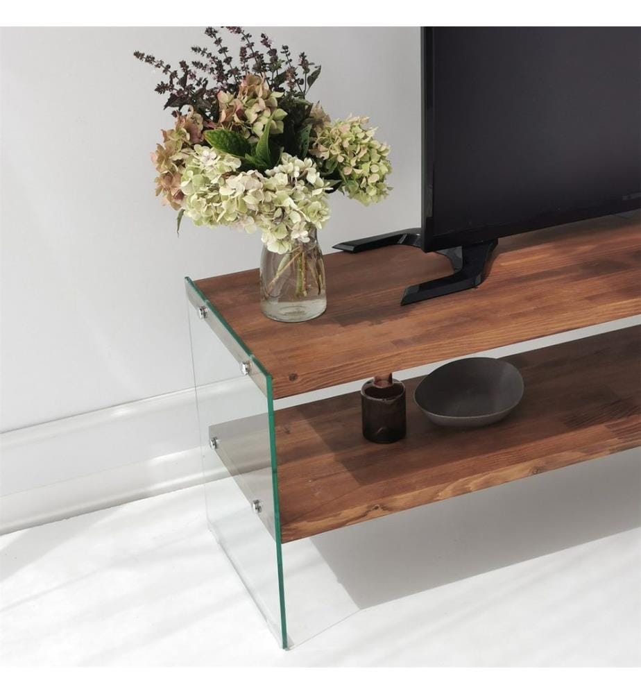 Porta TV, Naturale, Vetro temperato, Struttura: Legno massiccio
