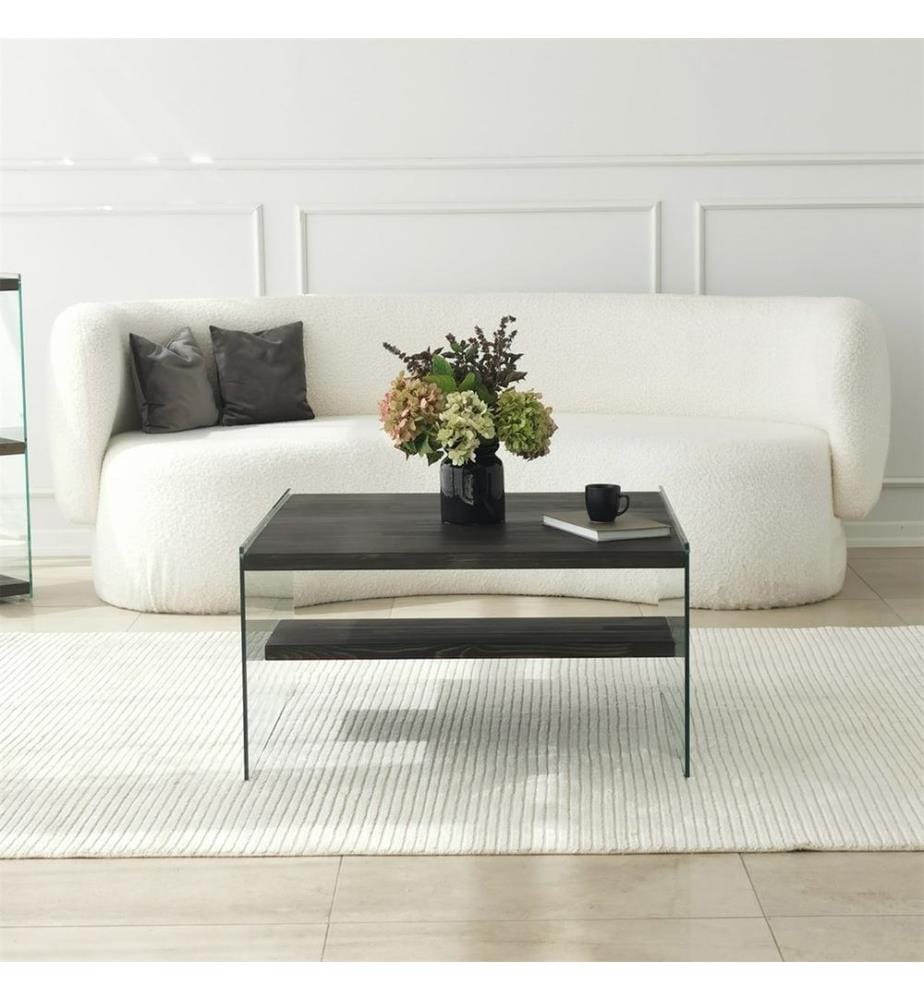 Table basse, anthracite, verre trempé, châssis : Bois massif