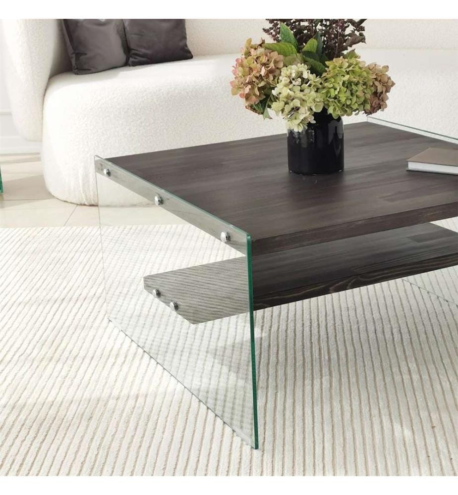 Table basse, anthracite, verre trempé, châssis : Bois massif