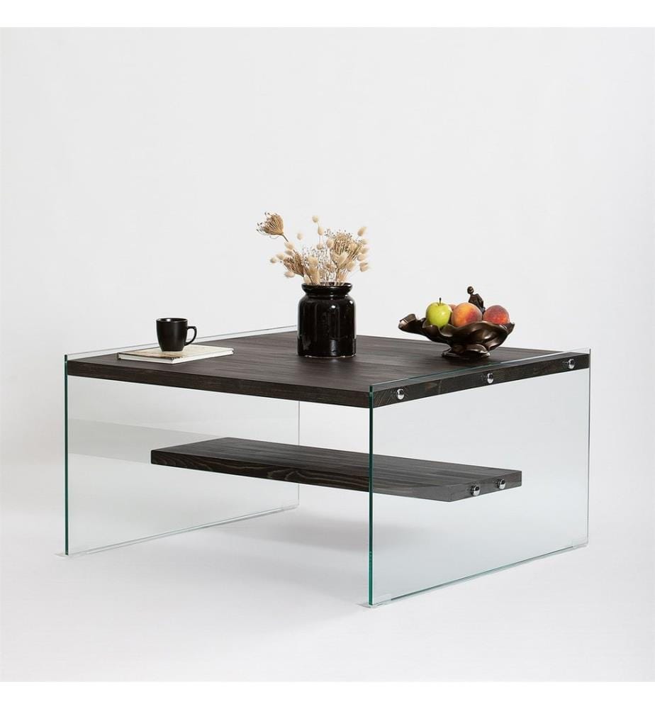 Table basse, anthracite, verre trempé, châssis : Bois massif
