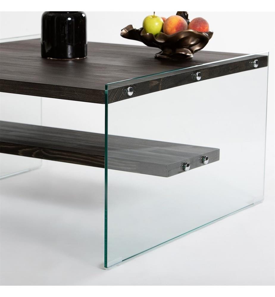 Table basse, anthracite, verre trempé, châssis : Bois massif