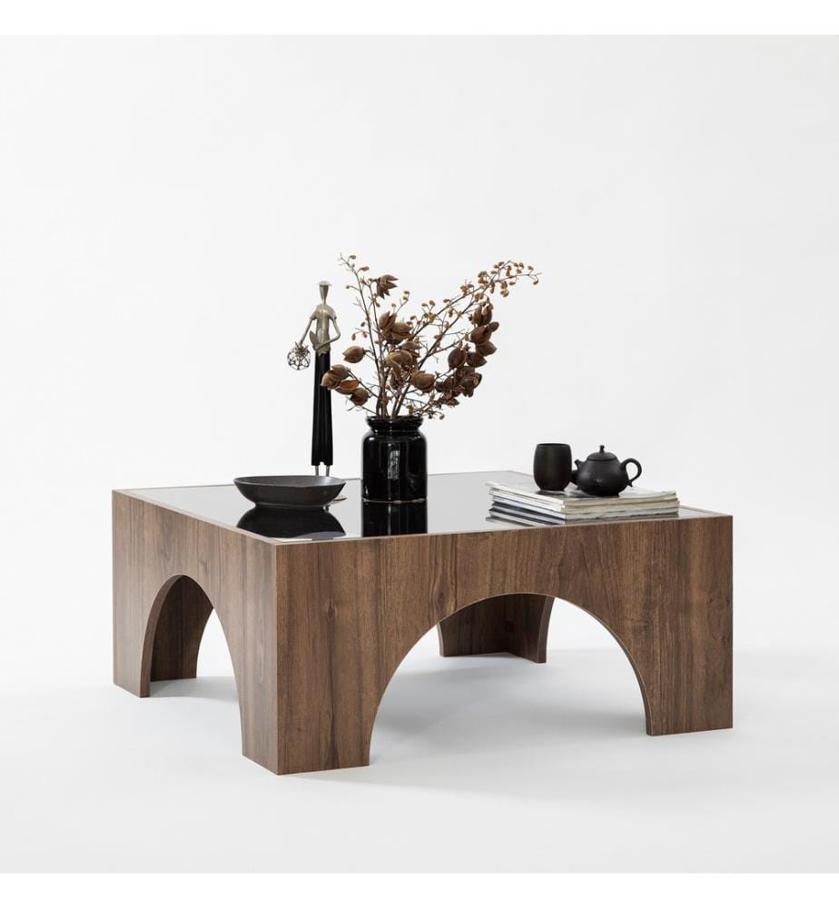 Table basse, Noyer, Gris foncé, Verre trempé, Cadre : Panneau de particules mélaminé