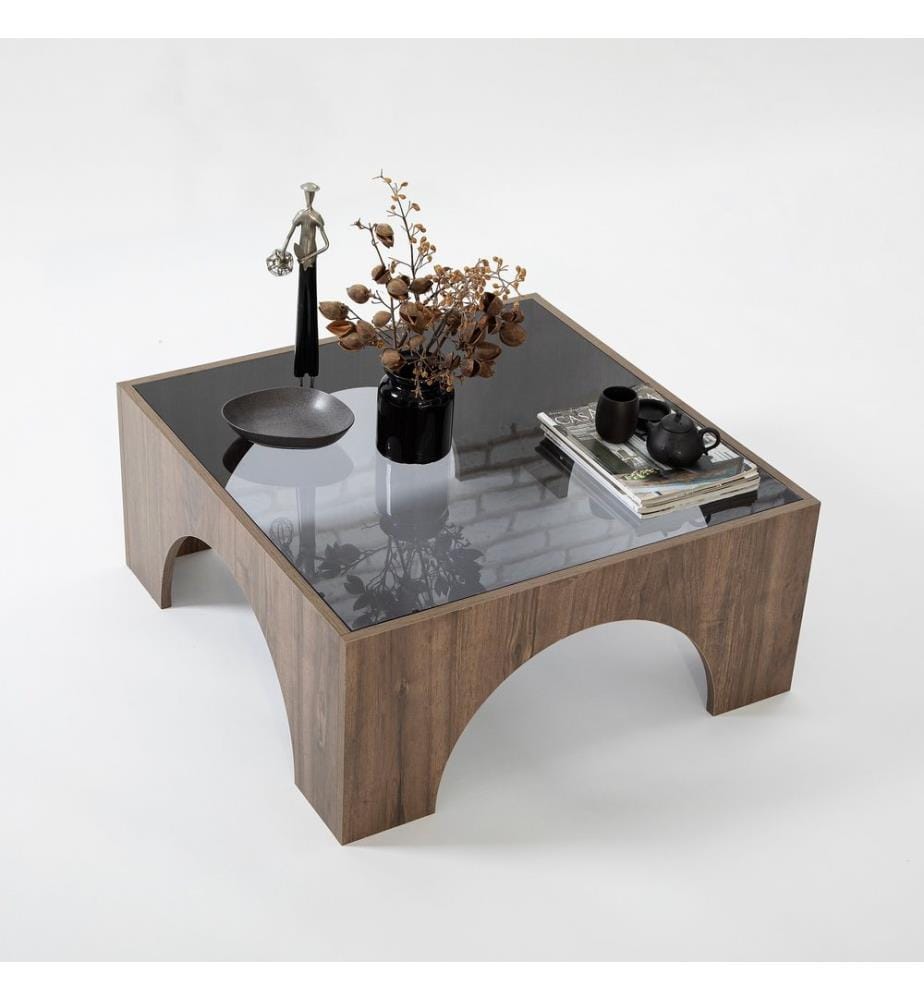 Table basse, Noyer, Gris foncé, Verre trempé, Cadre : Panneau de particules mélaminé