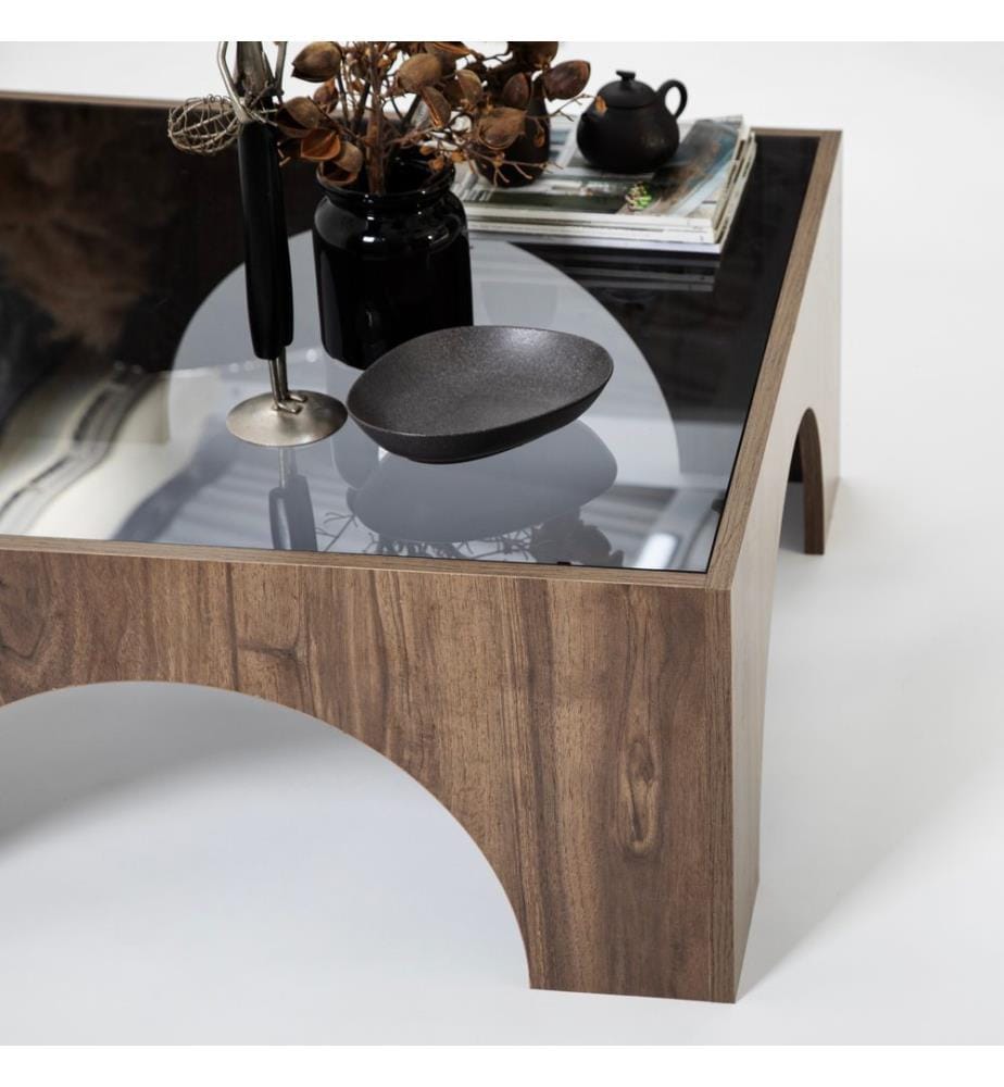 Table basse, Noyer, Gris foncé, Verre trempé, Cadre : Panneau de particules mélaminé