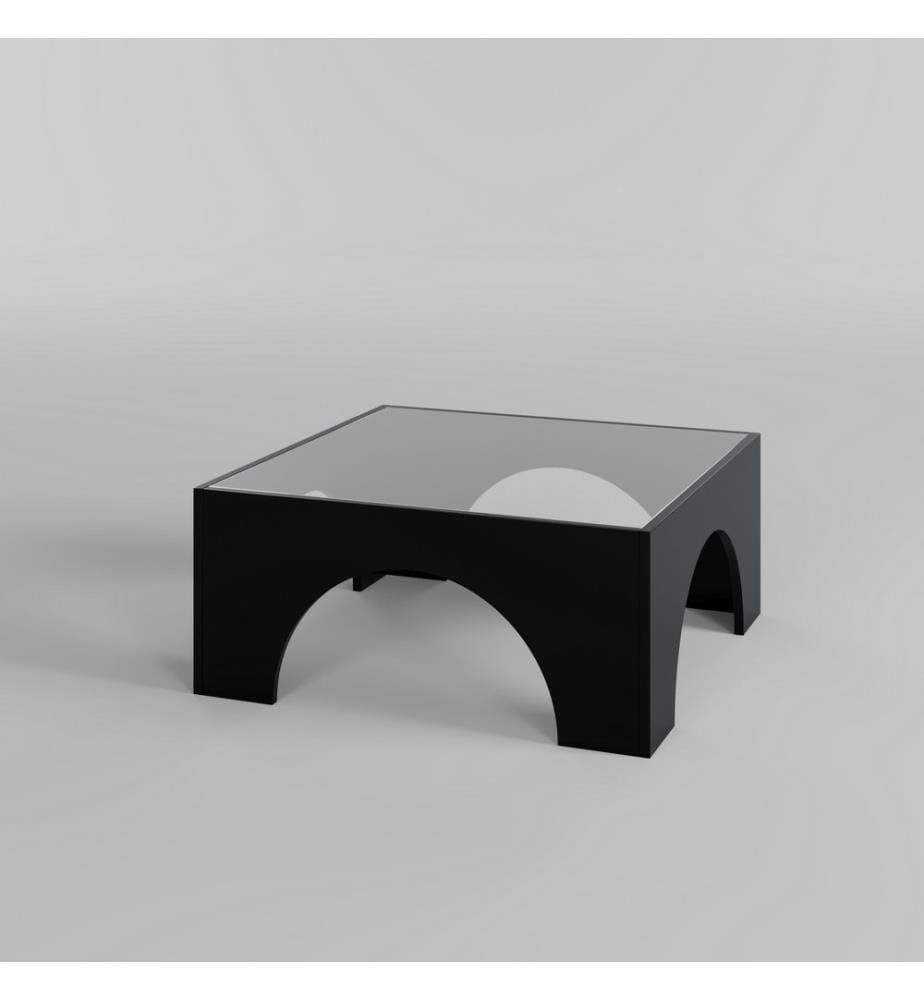 Table basse, noire, transparente, dessus : verre, dessous : panneau de particules mélaminé