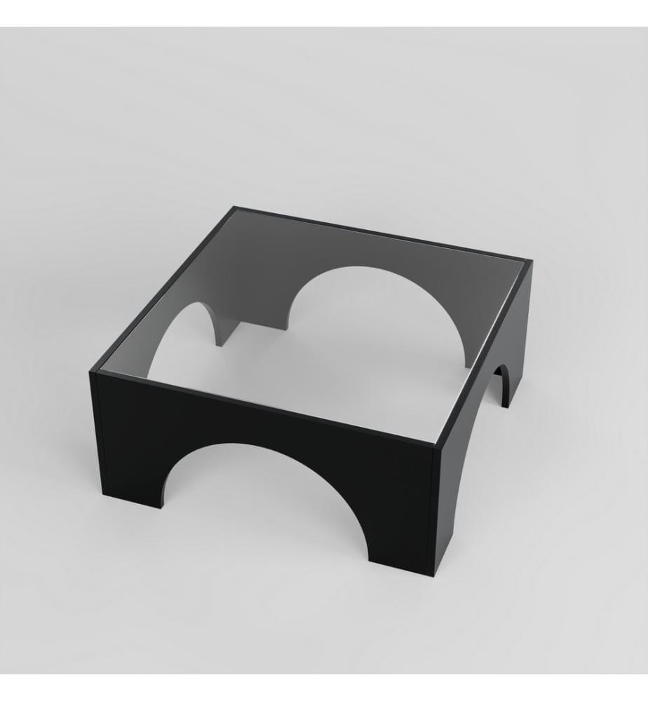 Table basse, noire, transparente, dessus : verre, dessous : panneau de particules mélaminé
