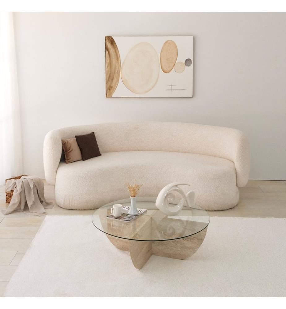 Tavolino, travertino, piano: 100% VETRO, base: 100% PANTRICIO MELAMMINICO