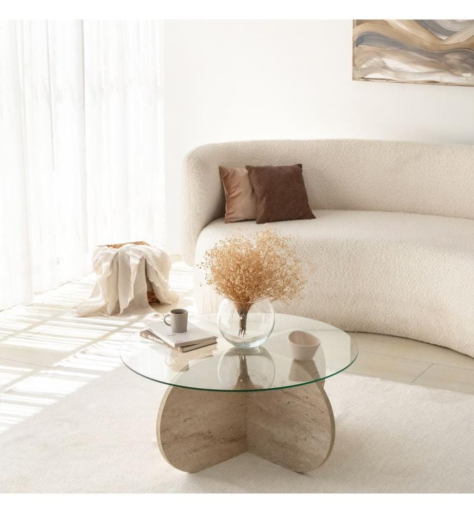 Table basse, travertin, plateau : 100 % VERRE, base : 100 % PANNEAU DE PARTICULES REVÊTU DE MÉLAMINE