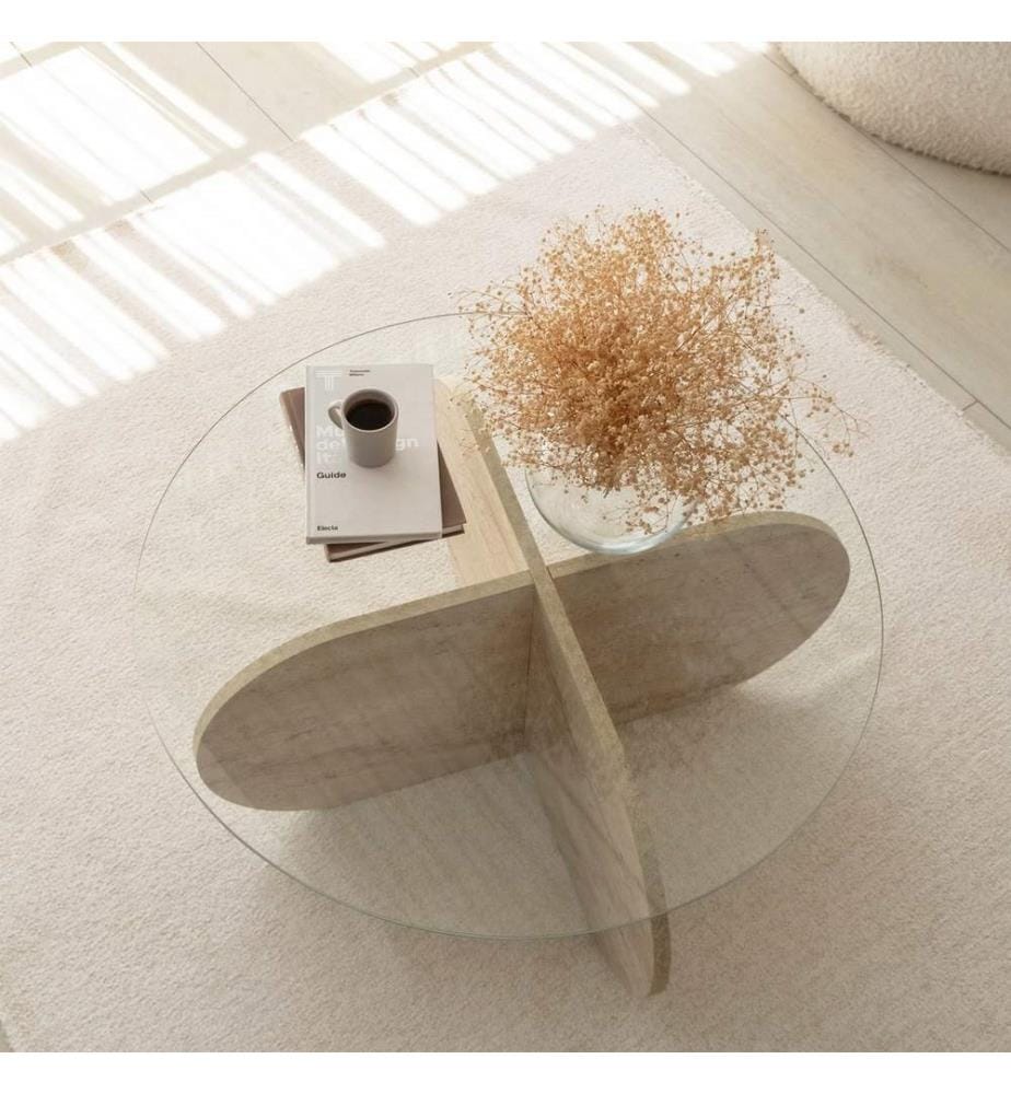 Table basse, travertin, plateau : 100 % VERRE, base : 100 % PANNEAU DE PARTICULES REVÊTU DE MÉLAMINE