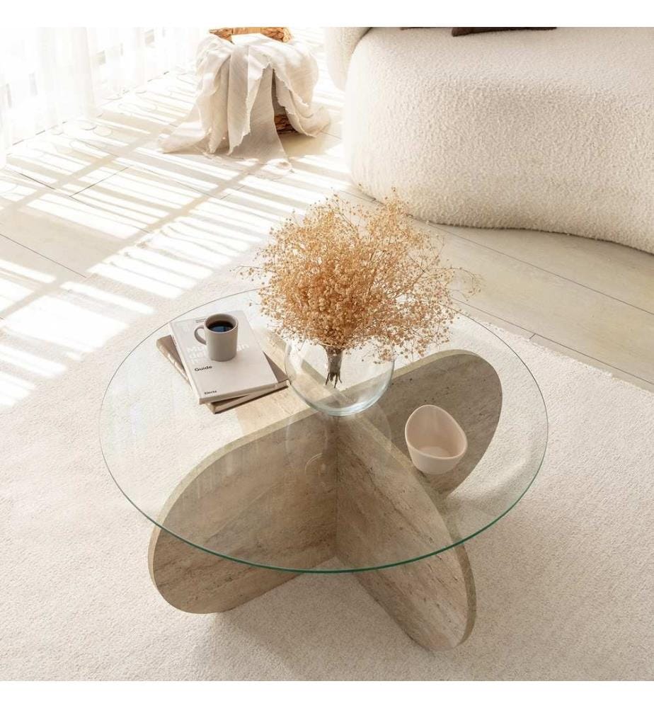 Table basse, travertin, plateau : 100 % VERRE, base : 100 % PANNEAU DE PARTICULES REVÊTU DE MÉLAMINE