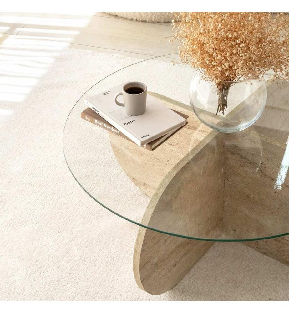 Table basse, travertin, plateau : 100 % VERRE, base : 100 % PANNEAU DE PARTICULES REVÊTU DE MÉLAMINE
