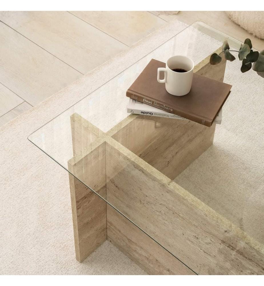 Table basse, travertin, plateau : 100 % VERRE, base : 100 % PANNEAU DE PARTICULES REVÊTU DE MÉLAMINE