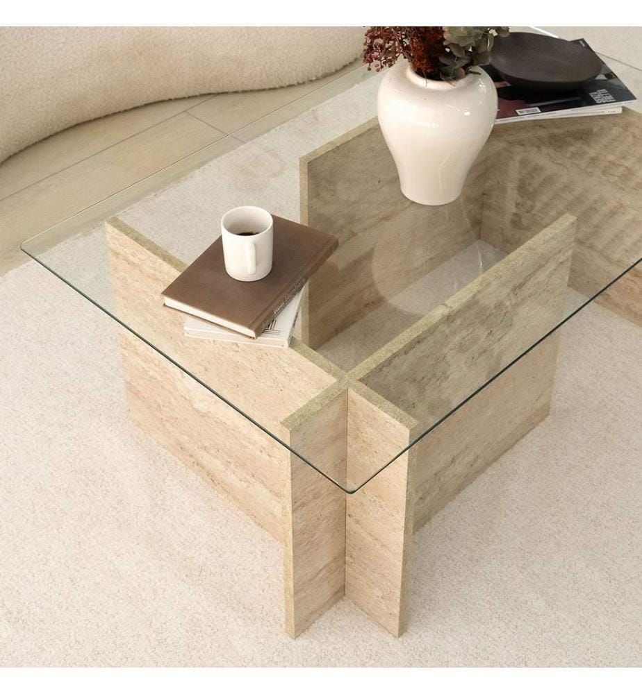 Table basse, travertin, plateau : 100 % VERRE, base : 100 % PANNEAU DE PARTICULES REVÊTU DE MÉLAMINE