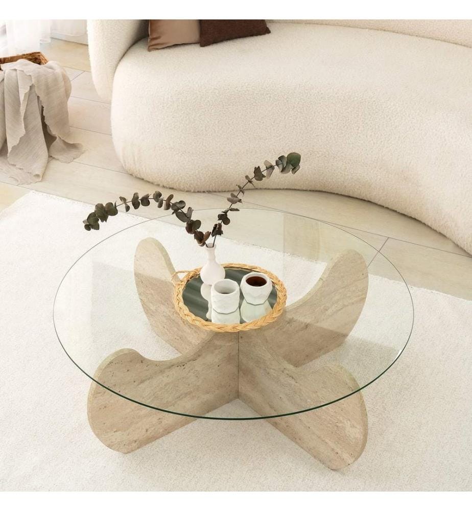 Table basse, travertin, plateau : 100 % VERRE, base : 100 % PANNEAU DE PARTICULES REVÊTU DE MÉLAMINE