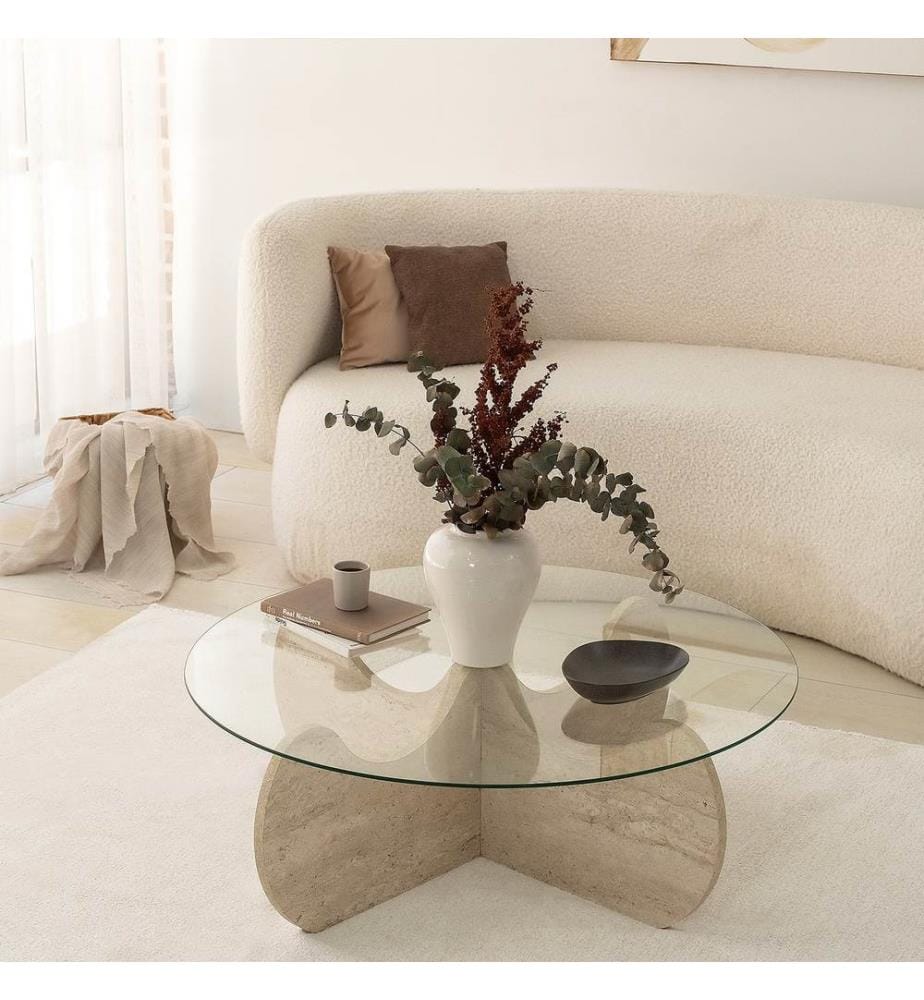 Table basse, travertin, plateau : 100 % VERRE, base : 100 % PANNEAU DE PARTICULES REVÊTU DE MÉLAMINE
