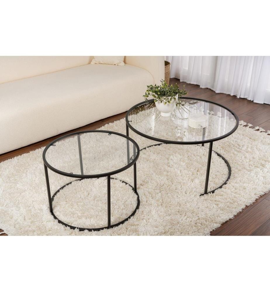 Set tavolino da caffè, nero, trasparente, 100% VETRO TEMPERATO, struttura: 100% METALLO