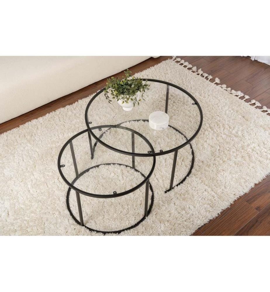 Set tavolino da caffè, nero, trasparente, 100% VETRO TEMPERATO, struttura: 100% METALLO
