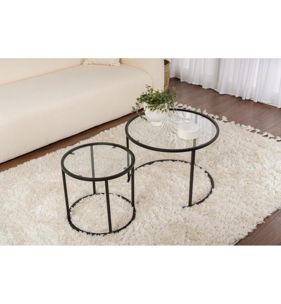 Set tavolino da caffè, nero, trasparente, 100% VETRO TEMPERATO, struttura: 100% METALLO