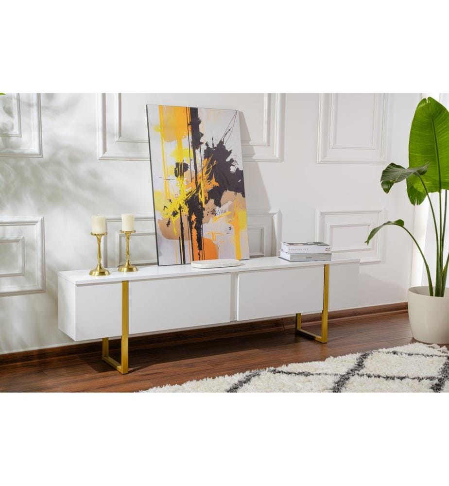 TV-Ständer, Weiss, Gold, 100 % melaminbeschichtete Spanplatte