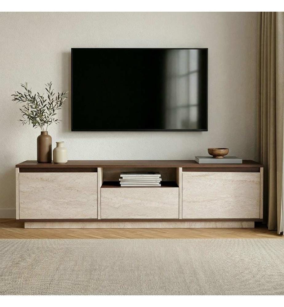 Meuble TV, travertin, noyer Milano, panneaux de particules 100 % mélaminés