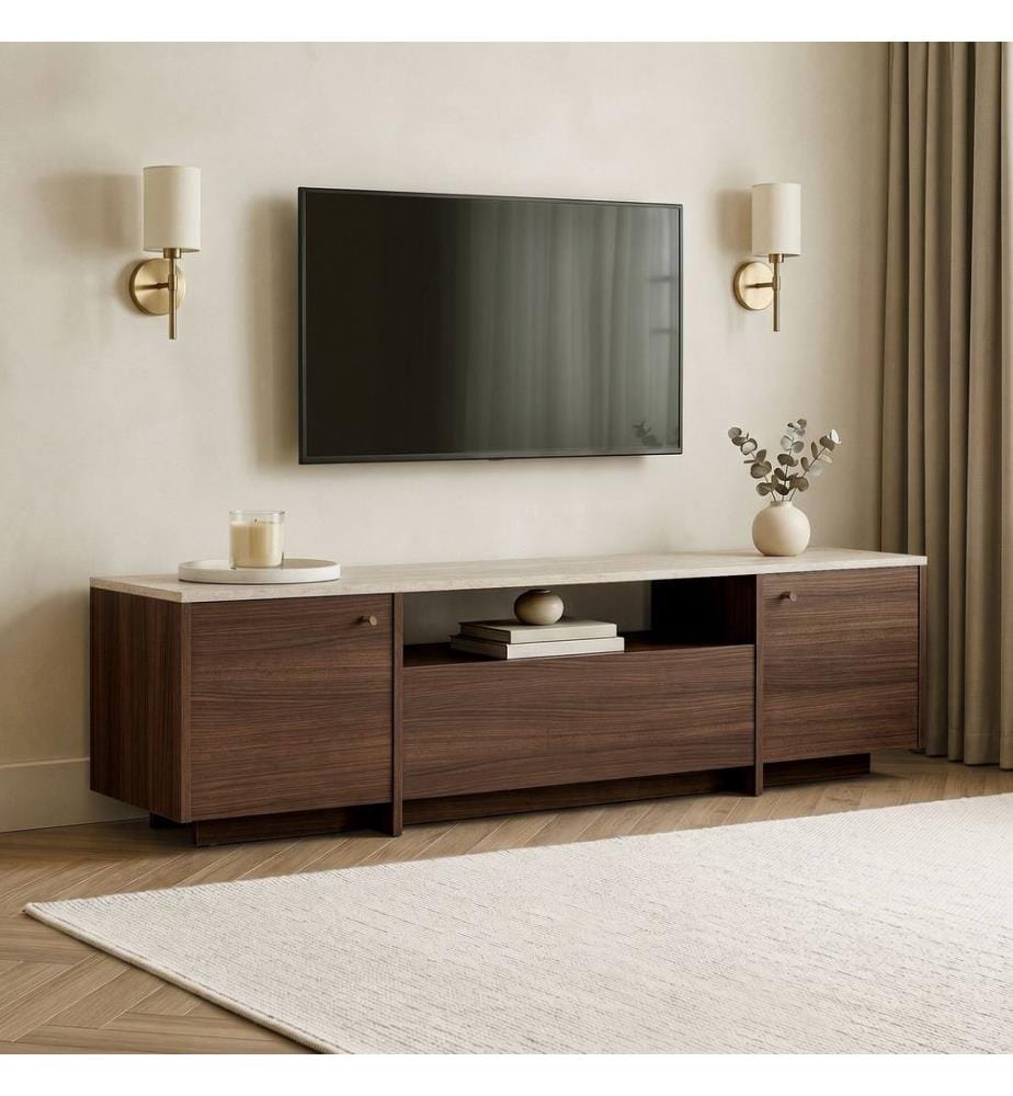 Meuble TV, travertin, noyer Milano, panneaux de particules 100 % mélaminés