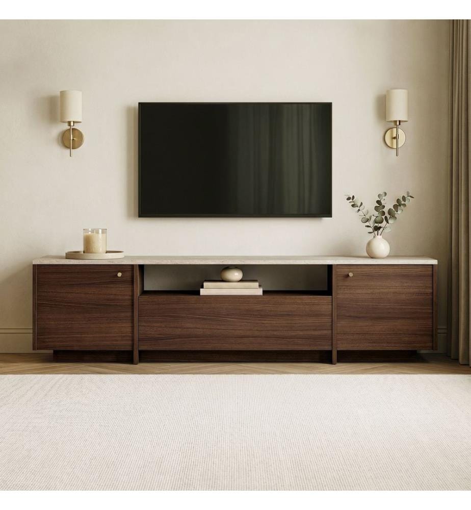 Meuble TV, travertin, noyer Milano, panneaux de particules 100 % mélaminés