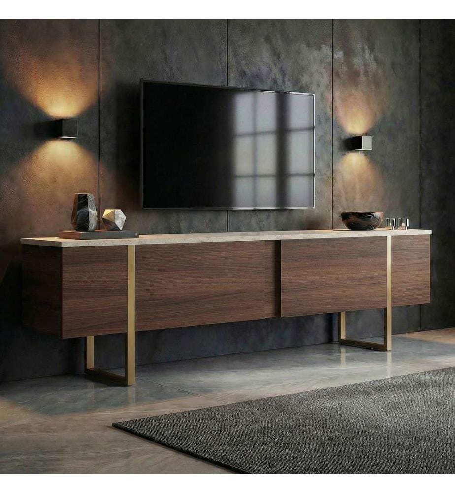 Meuble TV, travertin, noyer Milano, doré, panneau de particules 100 % mélaminé
