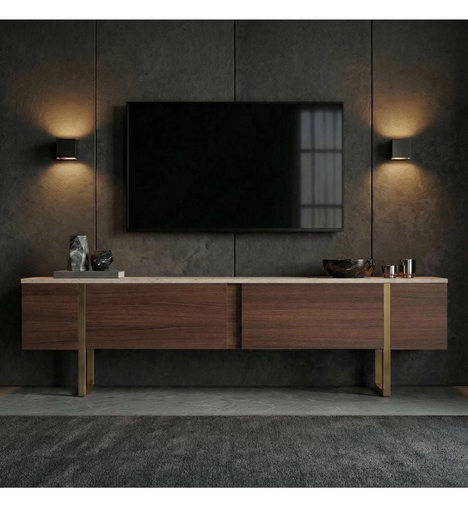 Meuble TV, travertin, noyer Milano, doré, panneau de particules 100 % mélaminé