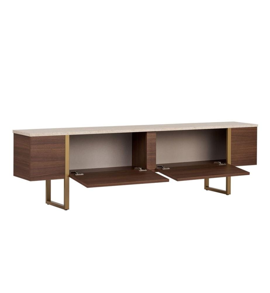 Meuble TV, travertin, noyer Milano, doré, panneau de particules 100 % mélaminé