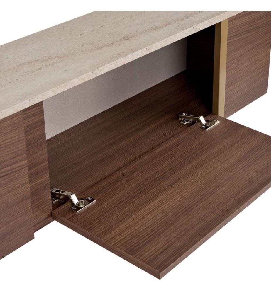 Meuble TV, travertin, noyer Milano, doré, panneau de particules 100 % mélaminé