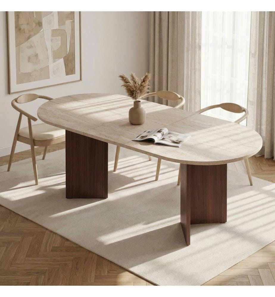 Table de salle à manger extensible, travertin, noyer Milano, panneau de particules 100 % mélaminé