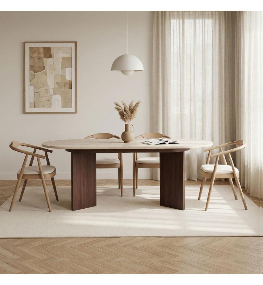 Table de salle à manger extensible, travertin, noyer Milano, panneau de particules 100 % mélaminé