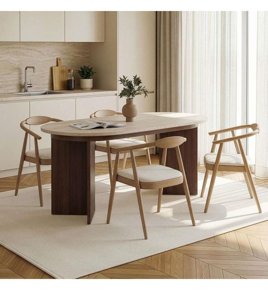 Table de salle à manger extensible, travertin, noyer Milano, panneau de particules 100 % mélaminé
