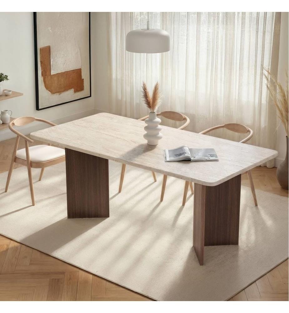 Table de salle à manger, travertin, noyer Milano, panneau de particules 100 % mélaminé