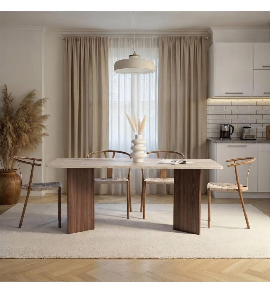 Table de salle à manger, travertin, noyer Milano, panneau de particules 100 % mélaminé