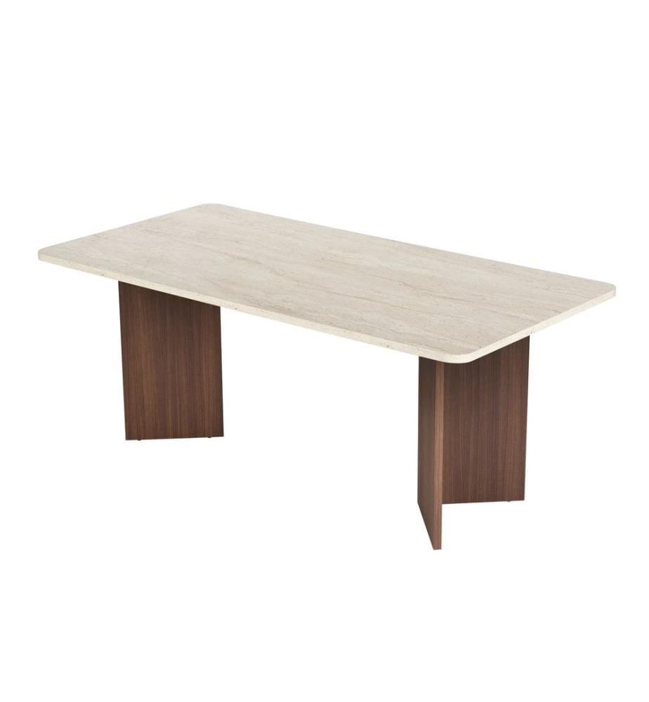 Table de salle à manger, travertin, noyer Milano, panneau de particules 100 % mélaminé