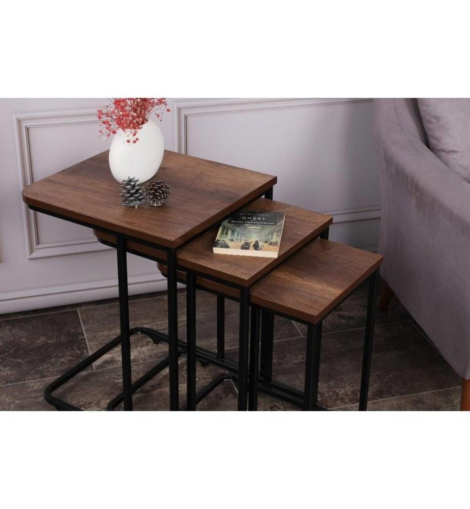 Nesting Table, 3 Pieces, Walnut, Black, Metal Frame, MDF Top