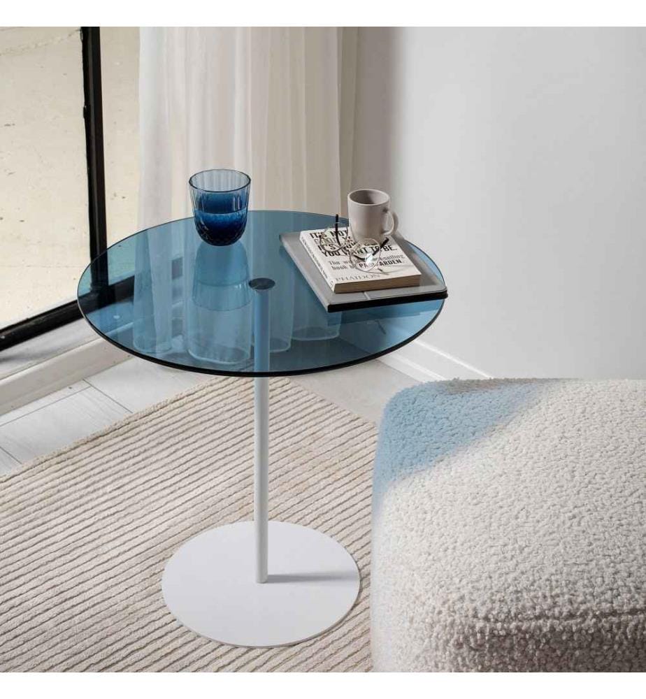 Table d'appoint, blanc, bleu, verre trempé, cadre métallique