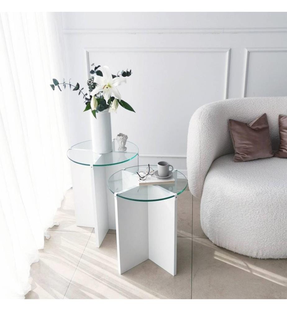 Nesting-Tisch, 2 Stück, weiss, gehärtetes Glas, Gestell aus melaminharzbeschichteter Spanplatte