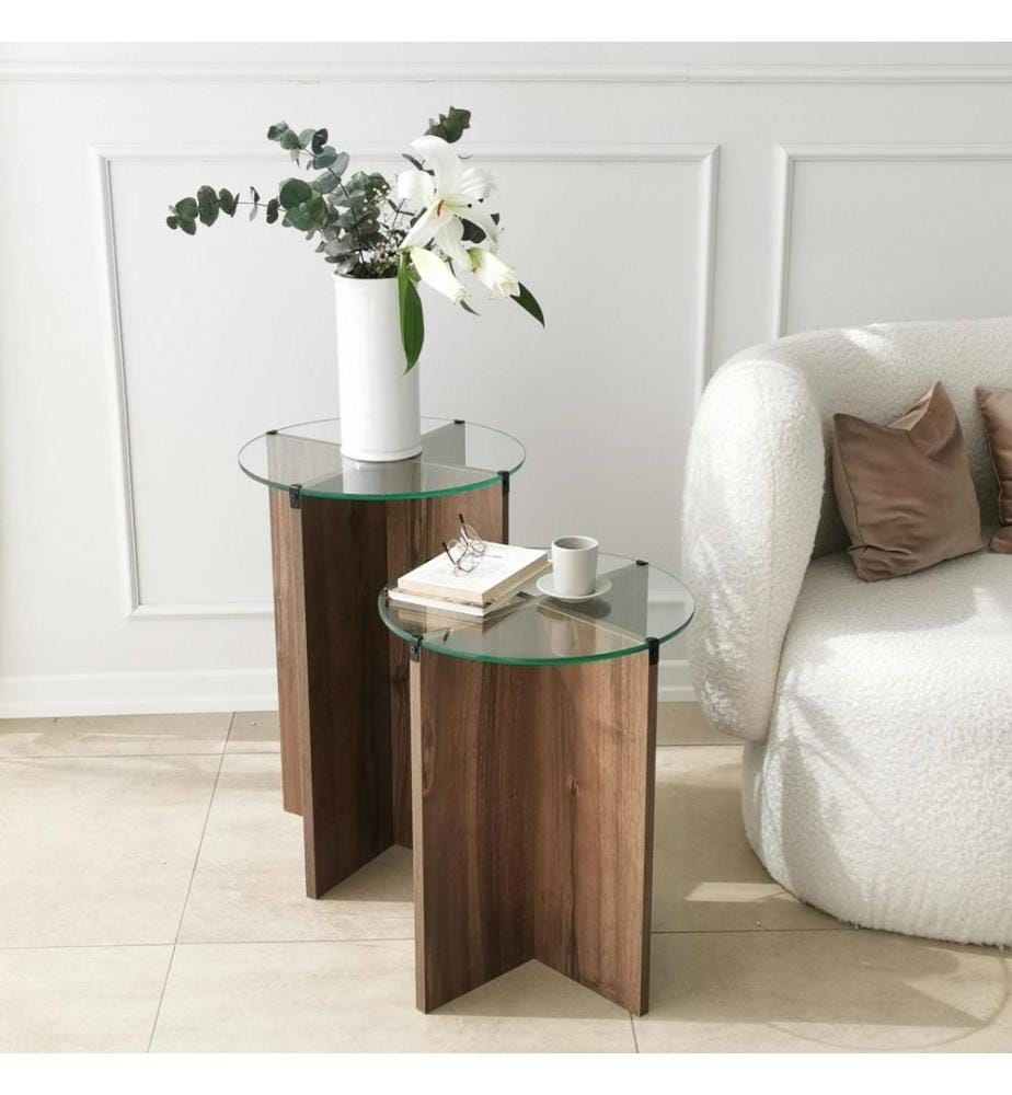 Nesting-Tisch, 2 Stück, Nussbaum, gehärtetes Glas, Gestell aus melaminharzbeschichteter Spanplatte