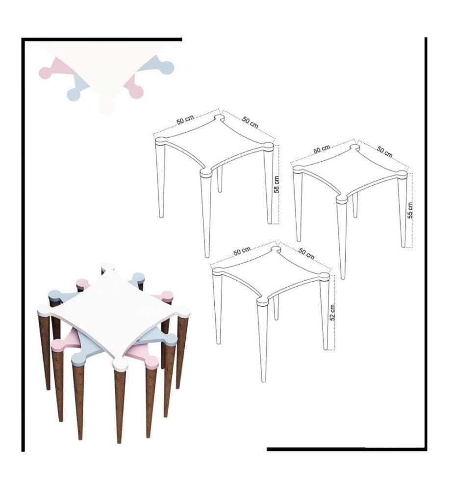 Table gigogne, 3 pièces, blanc, rose, bleu, noyer, panneau de particules mélaminé
