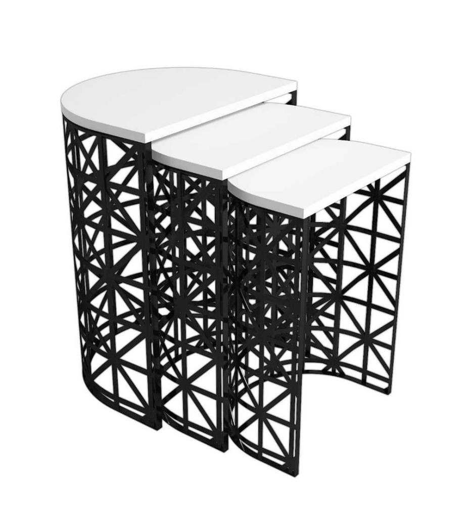 Table gigogne, 3 pièces, blanc, noir, panneau de particules mélaminé