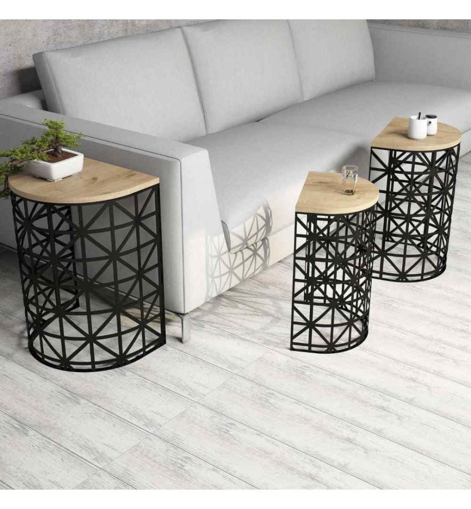 Nesting-Tisch, 3-teilig, Eiche, Schwarz, Melaminbeschichtete Spanplatte