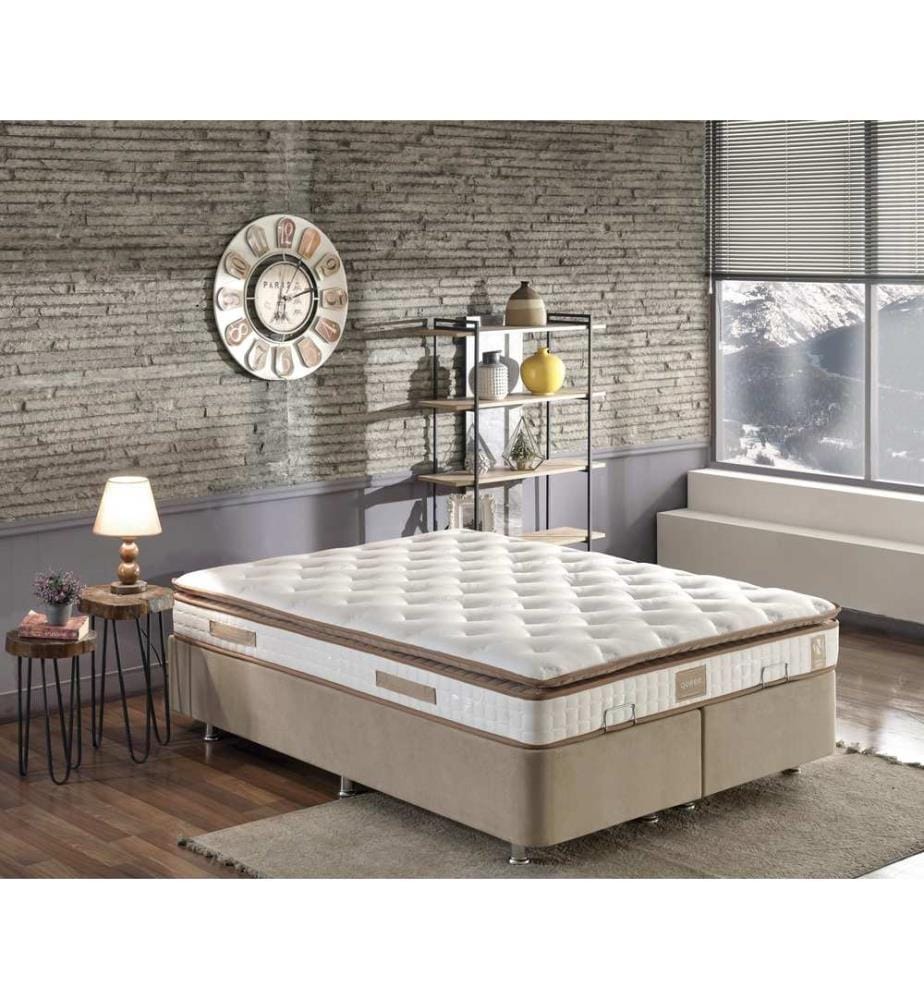 Matratze, weiss, braun, Bezug aus gewebtem Stoff, einseitig gepolstert
