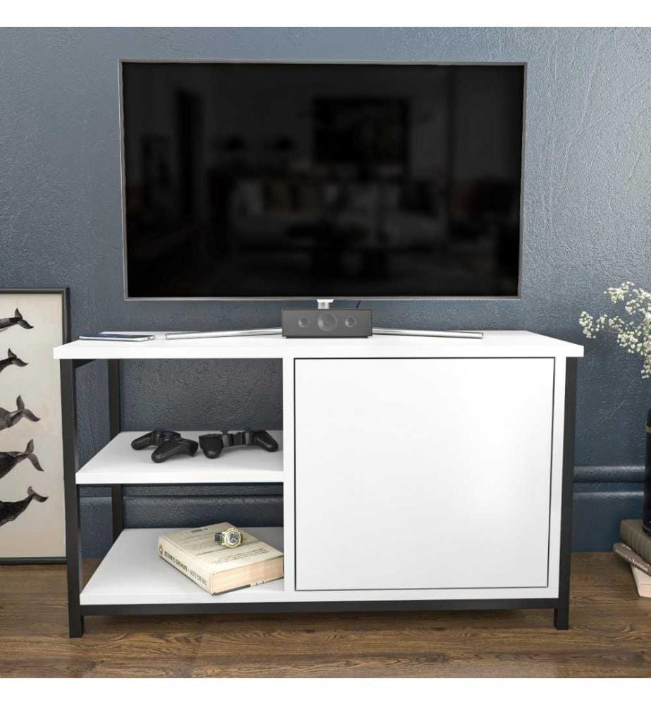 Meuble TV, Noir Blanc, Panneau de particules mélaminé