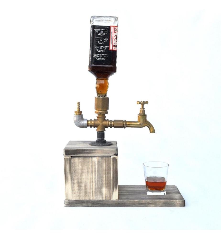Beverage Dispenser, Walnut Gold, Metal, Spruce Wood Base